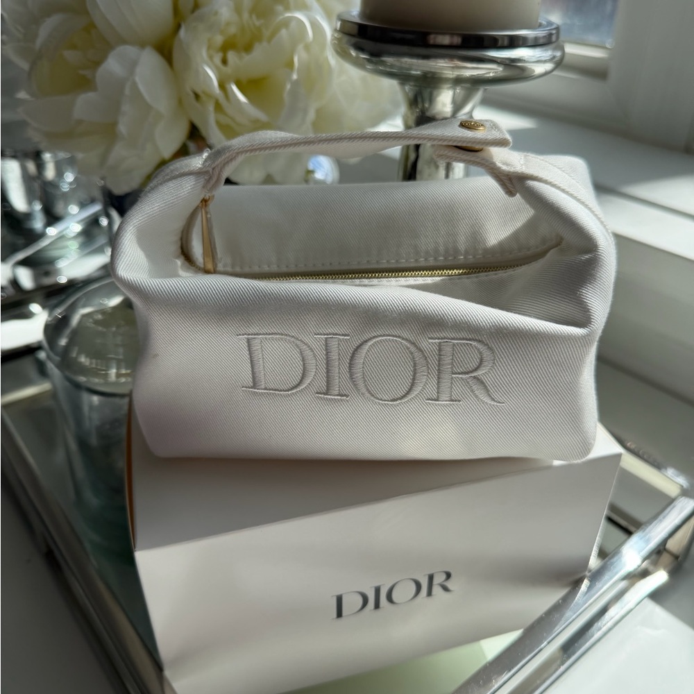 Dior White Embroidered Logo Top-Handle Pouch